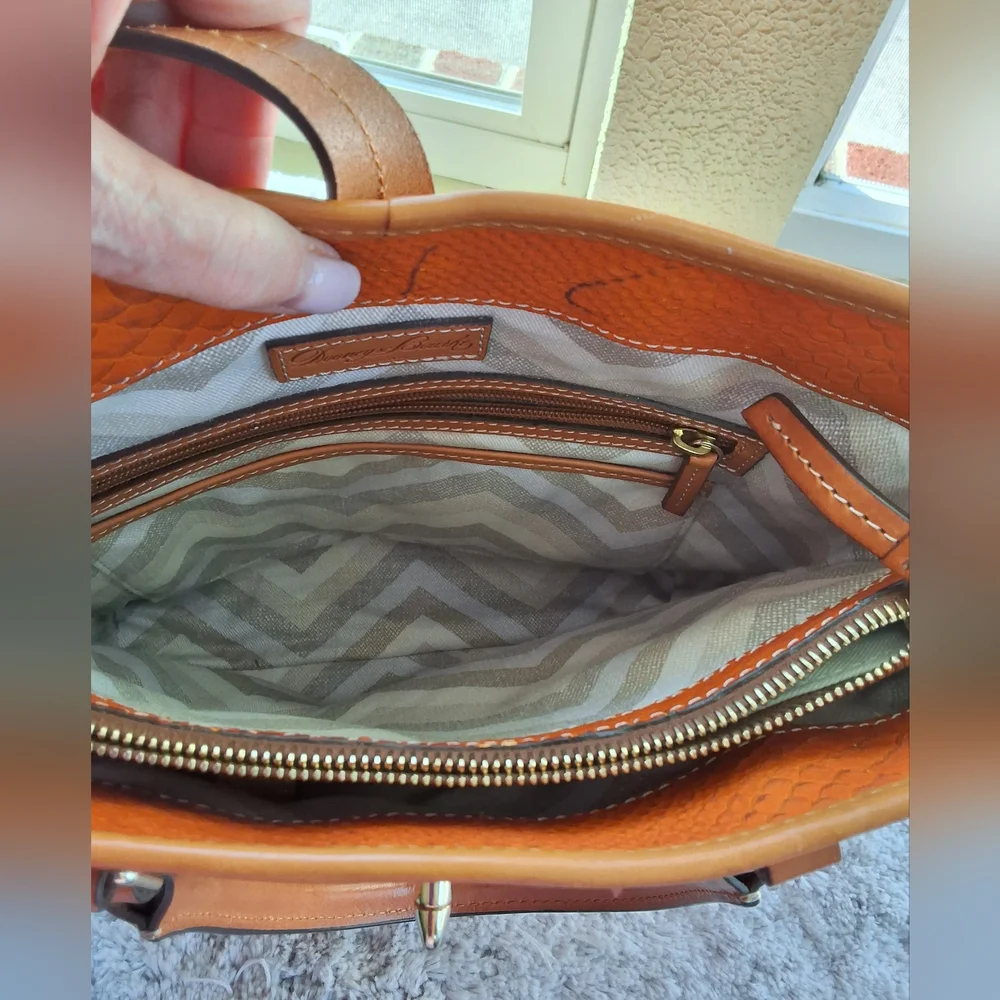 Dooney & Bourke Ostrich Orange and Brown Tote with Structured Design - Picture 5 of 14